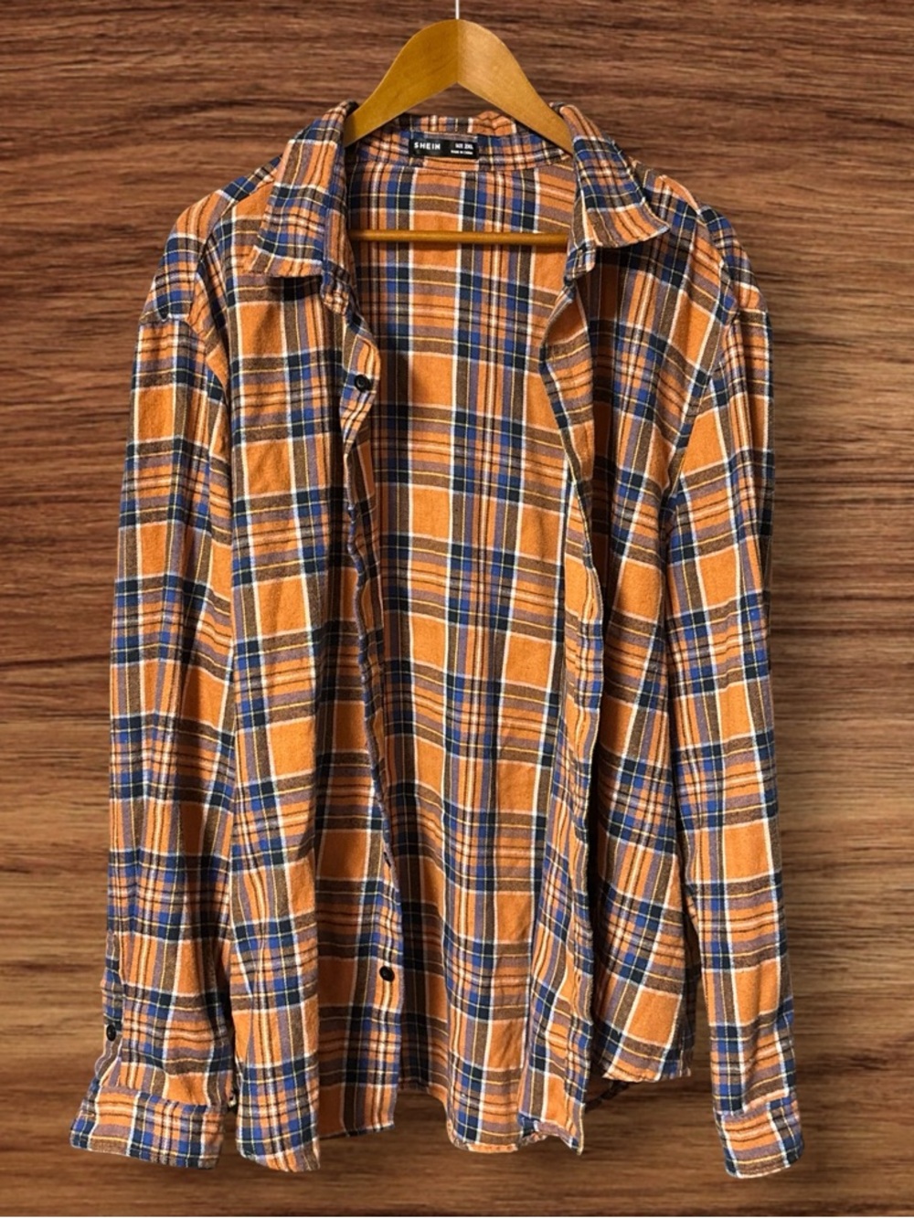 Men’s SHEIN Orange and Navy Plaid Button-Down Shirt